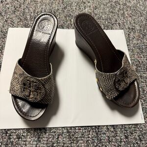 Tory Burch Dark Brown Snakeskin Wedges